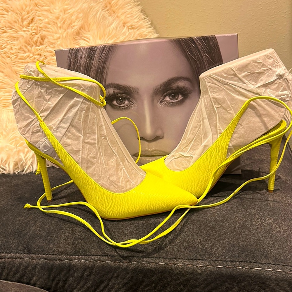 JLO Jennifer Lopez yellow lace up stiletto pumps